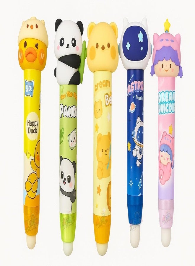 Invite Enterprise Invite 5 Pcs Cute Cartoon Eraser Set for Kids - Duck, Panda, Bear, Astronaut & Unicorn Characters | Soft Rubber Erasers for School, Drawing, Sketching | Fun & Collectible Student Supplies - Image 1